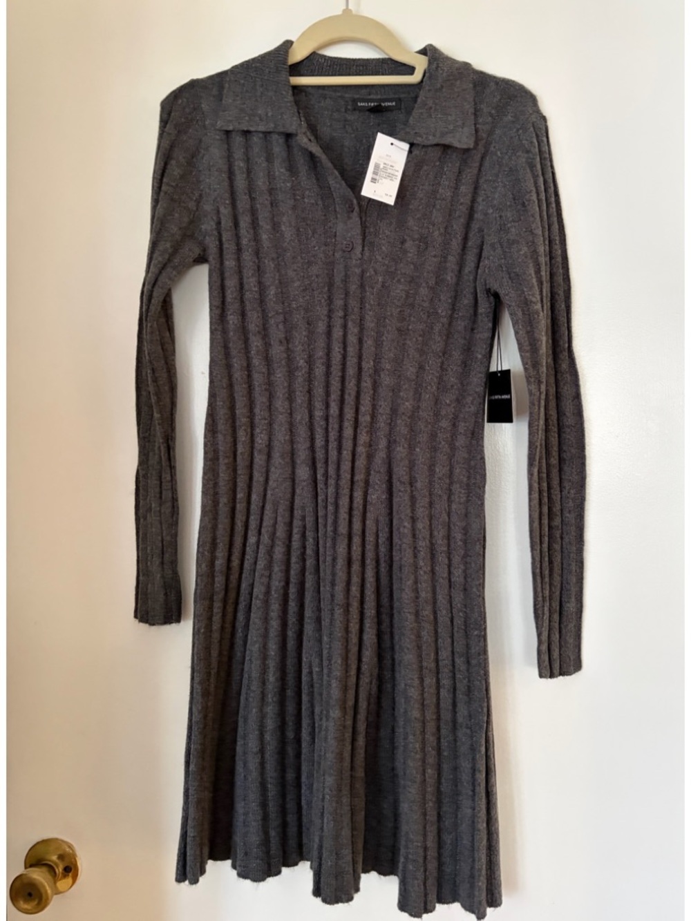 Saks Fifth Avenue Ribbed Knee Length Long-Sleeve Polo Dress - Charcoal Gray